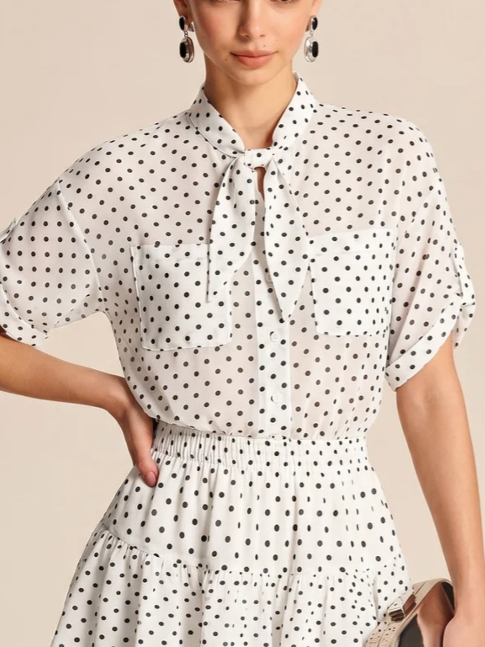 Commense Polka Dot Sheer Shirt & Mini Skirt Set